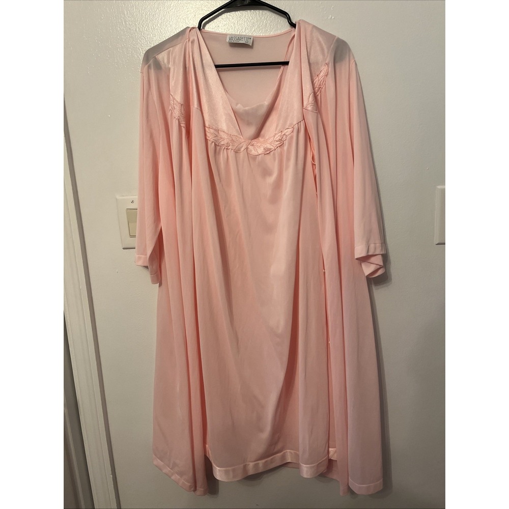 Vassarette Pink Tricot Nylon Robe Chemise Set XXL USA Vintage 2 Piece